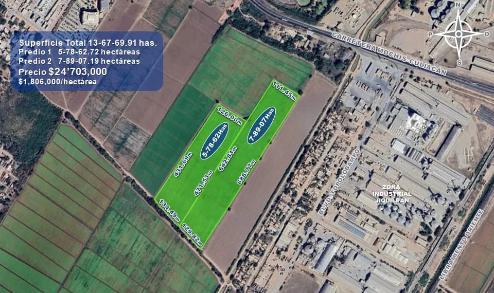 13.67 HECTAREAS Ejido Jiquilpan en Los Mochis, Sinaloa. Uso agrícola, industrial o para desarrollo habitacional.